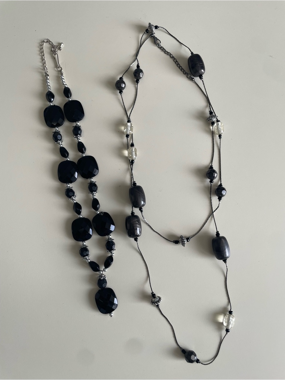 Vintage 2000s Y2K Black & Gunmetal Beaded Necklace Set of 2 Long & Short